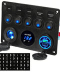 All In One 5 Gang Rocker Switch Panel With Type C And QC 3.0 USB Digital Voltmeter 12V Outlet Pre Wired With Circuit Breakers
