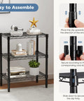 Three-Tier Metal Wire Storage Shelves For Kitchen Garage And Pantry, Adjustable Standing Rack, assembly instructions visible
