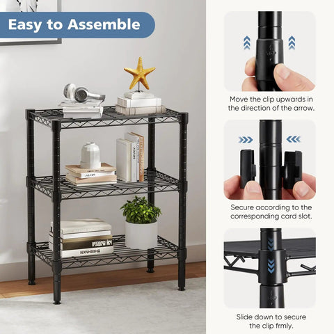 Three-Tier Metal Wire Storage Shelves For Kitchen Garage And Pantry, Adjustable Standing Rack, assembly instructions visible