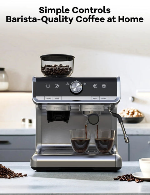 Daily Grind Fix 20 Bar Semi Automatic Espresso Machine With Built In Grinder And Milk Frother Steamer For Kickin Crema Lattes And Cappuccinos Light Gray PID temp control with two cups of espresso.
