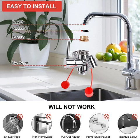 Faucet Mounted Eyewash Station Kit With 360 Degree Rotating Nozzle Emergency Eyewash Attachment installed on kitchen sink faucet