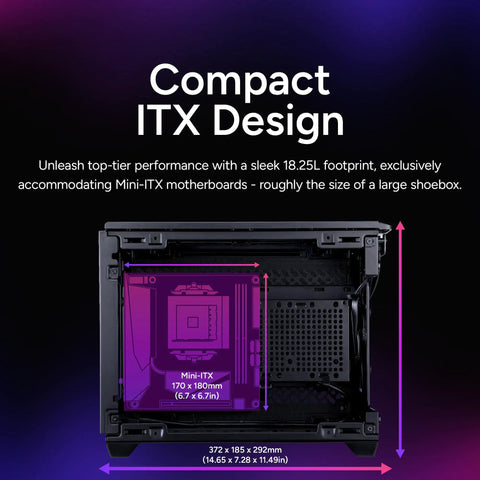 NR200P V3 Mini ITX Case Dope Compact Build interior view with dimensions for motherboard compatibility.