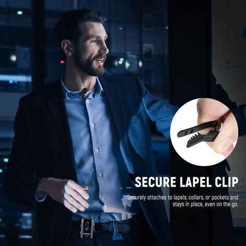 Man using Two Pack Lavalier Lapel Microphones for DJI Wireless Mic Transmitters and Rode Wireless GO II, close-up of secure clip.