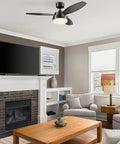 Indoor 42 Inch Ceiling Fan With Light In Gun Metal Finish, Reversible Black And Graphite Blades, Opal Frosted Glass Light Kit over living room
