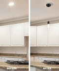 Before and after image showing Recessed Lighting Converter For Pendant Or Light Fixtures White Finish 3 Pack Easy Install in kitchen.