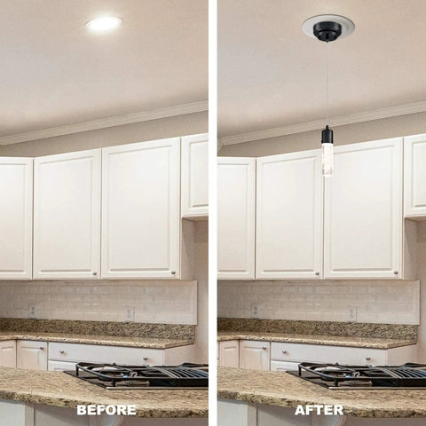 Before and after image showing Recessed Lighting Converter For Pendant Or Light Fixtures White Finish 3 Pack Easy Install in kitchen.