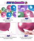 Assembly steps for 135 Piece Disco Balloon Arch Kit With Silver Blue Green Purple Hot Pink And Gold Metallic Balloons.