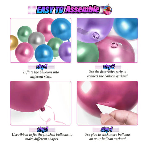 Assembly steps for 135 Piece Disco Balloon Arch Kit With Silver Blue Green Purple Hot Pink And Gold Metallic Balloons.