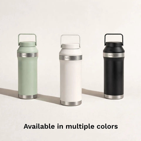 Mama Approved Portable Breast Milk Cooler For On The Go Double Walled Stainless Steel Thermos in green, white, and black colors.