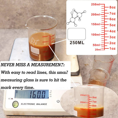 Mini Glass Measuring Beaker Set In Borosilicate 2oz 4oz 8oz Cups For Kitchen And Bar Pro Grade Clear Markings Durable Small Glass Measuring Cups For Cocktails Baking Cooking And Lab Style Precise Measuring, 250ml beaker with red oz/ml markings