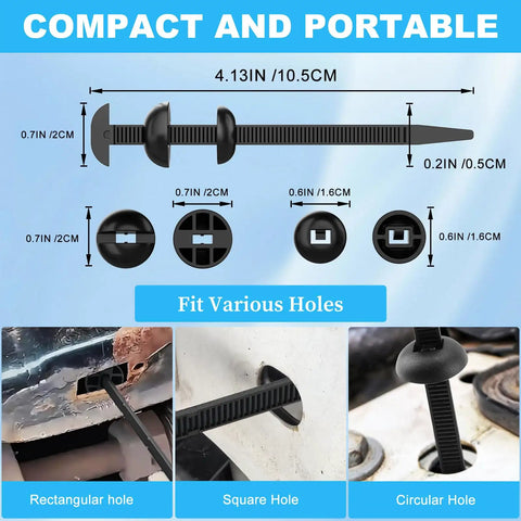 Heavy Duty Car Fastener Kit No Hassle With 50Pcs Nylon Universal Cable Tie Buckles And Self Locking Zip Ties Pin And Button Upgraded Automotive Zipper Clips Dome Top Design For Bumpers Fender Liners Door Panels And Trim showing dimensions and hole fit options