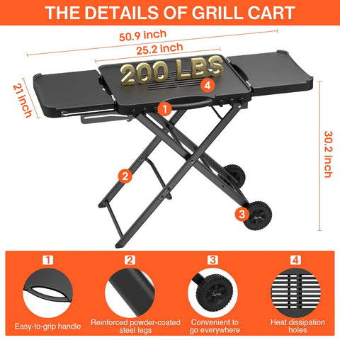 Portable Foldable Grill Table With Wheels And Side Shelf 51 Inch Large Space BBQ Stand For Woodfire OG Series Grills image