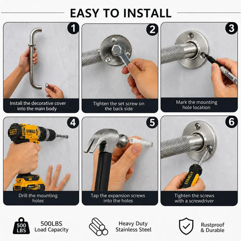 Installation steps for 3 Pack Wall Mounted Grab Bars for Shower and Bath showing heavy duty stainless steel preparation.