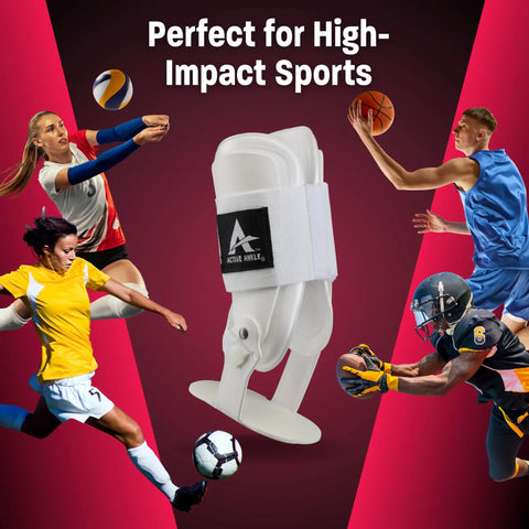 Rigid U Shaped Ankle Brace for Sprained Ankles Medium White athletes around brace highlighting sports use