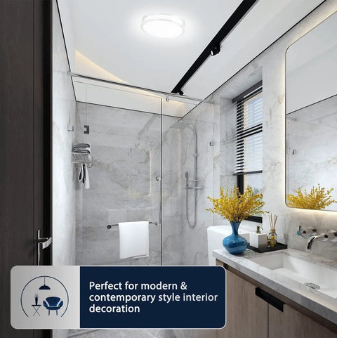 Bathroom with Dimmable LED Ceiling Light With Dope Double Ring Design For Hallways Bedrooms Closets And Kitchens 22W 1800 Lumens