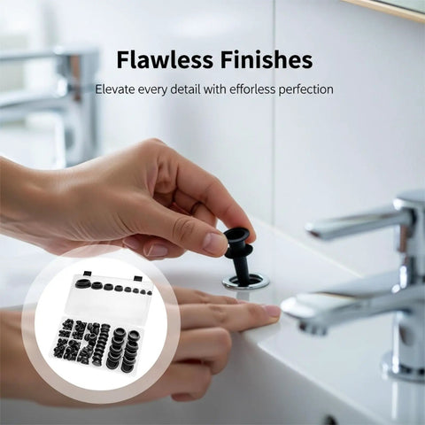 Get Your Hole Plugs Kit Ready! This Awesome Silicone Set Includes 125 Black Rubber Grommets Across 8 Sizes To Fit Any Round Hole From Smalls To Bigs. Perfect Stuff For Sealing Leaks And Protecting Surfaces Without A Scratch, Plus Comes With A Cool. black silicone hole plug inserted in sink drain