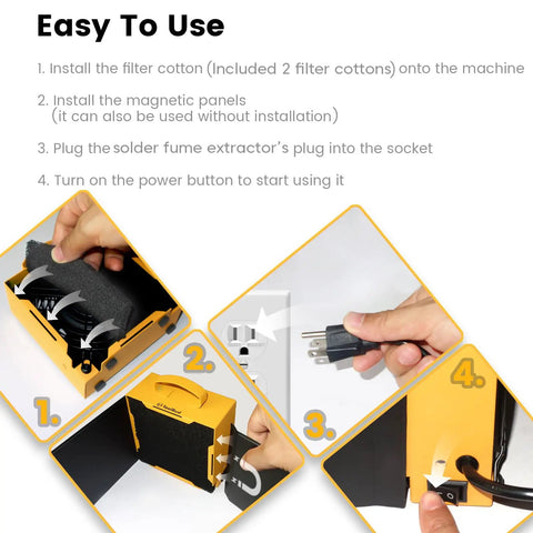 Step-by-step setup guide for Upgraded Portable Solder Fume Extractor With Removable Magnetic Flaps and High Efficiency Solder Smoke Absorber.