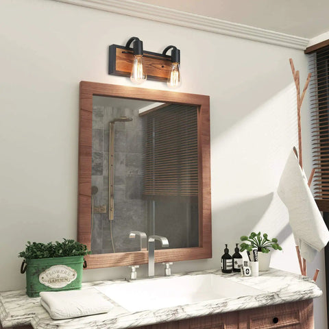 Farmhouse Vanity Sconce Lighting Fixture With Rustic Wall Lamp For Bathroom, Black Matte Steel And Solid Wood Blend, Cozy Vibe