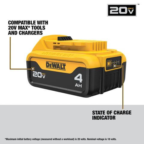 Professional 20V Max Xr Cordless Power Tool Batteries 4 Amp Hour 2 Pack featuring LED charge display and state of charge indicator.