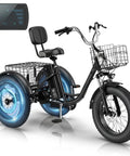 Dope Fat Tire Electric Trike For Adults With 750W Peak Motor, black frame, front basket, rear cargo rack, and LCD display