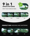 Heavy-Duty 16-Inch Garden Hose Wand With 9 Spray Patterns showing fan, mist, center, flat, cone, angle, flood, jet and shower modes