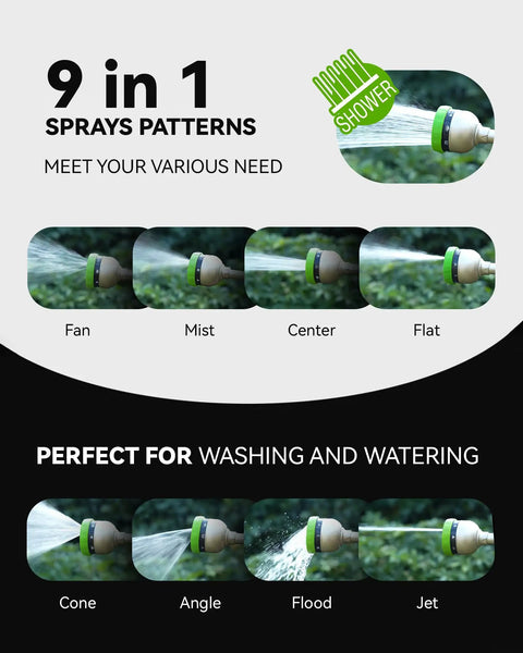 Heavy-Duty 16-Inch Garden Hose Wand With 9 Spray Patterns showing fan, mist, center, flat, cone, angle, flood, jet and shower modes