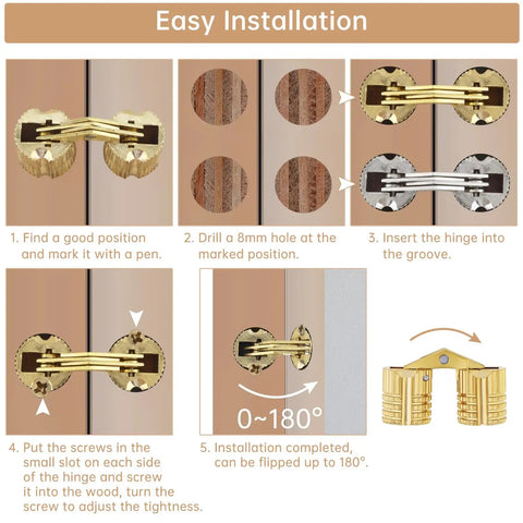 8 Pack 8mm Hidden Brass Barrel Hinges with Magnet Drill Bit and Depth Stop Collar easy installation guide