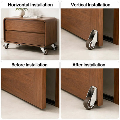 Hella Smooth Silent TPE Fixed Caster Wheels Two Pack on furniture during horizontal and vertical installation process.