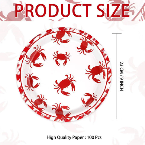 Heavy Duty Crab Boil Paper Plates, 9 Inch Disposable Party Platter Set with crab design for seafood feasts and cookouts.