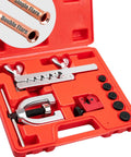 Clatoon brake line flaring tool kit in red case with double- and single-flare adapters, tubing cutter, and 5 adapters