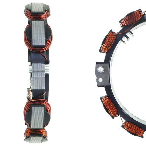 Straight Swap Alternator Stator Dual Circuit With Built In Voltage Regulator And Spark Plug Compatible With Briggs And Stratton Mowers 10 16 Amp Heavy Duty Bolt On Setup side view with copper coils and mounting points.
