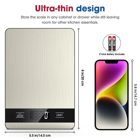 Digital Kitchen Scale With 11Lb Capacity, LCD Display, Six Unit Modes, Tare Function beside smartphone and batteries