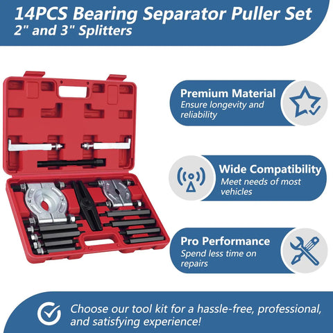 Fourteen Piece Bearing Puller Set With Bearing Separator 2 In And 3 In Splitters in red case, heavy-duty tool kit