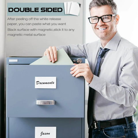 Man using 50-Piece Magnetic Adhesive Sheets 8 By 10 Inches Flexible Magnetic Sheets With Self Adhesive Backing on file cabinet