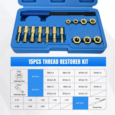 Beefy 15 Piece Metric Thread Chaser Set Master Thread Repair Kit With Case and components displayed in blue case.