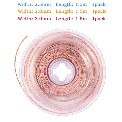 Coiled copper wire on spool with width and length details, part of 3 Pack No Clean Solder Braided Wicks For Desoldering