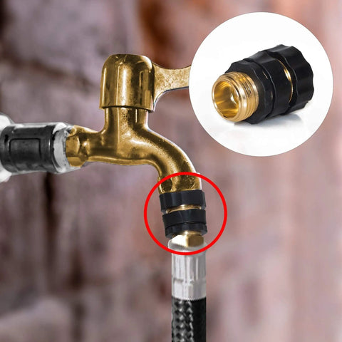 Three Quarter Inch Garden Hose Quick Connect Fittings Set With 8 Male And 8 Female Aluminum Connectors attached to faucet
