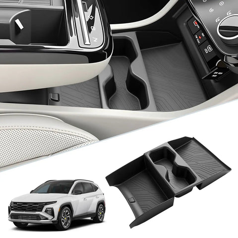 2025 2026 Hyundai Tucson Center Console Organizer Lower Tray With Cup Holder For Limited And Hybrid Models Durable Black ABS Plastic