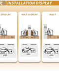 Installation display of two-pack hidden hinges for frameless cabinet doors, showing overlay, half overlay, and inset positions.