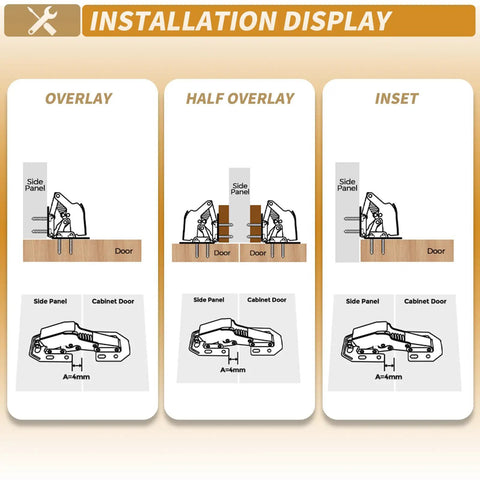 Installation display of two-pack hidden hinges for frameless cabinet doors, showing overlay, half overlay, and inset positions.