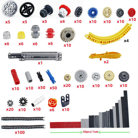 496 Piece Tech Gear Set With Axle Pins Connectors And Gears For Lego Style MOC Builds And Custom Projects Gear Up With Colorful Axles Racks And Connectors Compatible With Major Brick Brands For Creative Durable Builds, multicolor gears and axles displayed