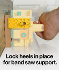 Grr Ripper Pro And Gravity Heel Kit Ultimate 3D Pushblock for Table Saw Kickback Shield being used for band saw heel support.
