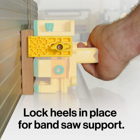 Grr Ripper Pro And Gravity Heel Kit Ultimate 3D Pushblock for Table Saw Kickback Shield being used for band saw heel support.