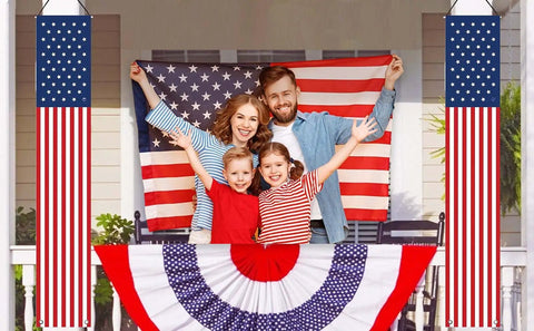 Patriotic Outdoor American Flag Banners Set Of Two For Fourth Of July Independence Day And Memorial Day, hanging on porch as family smiles.