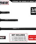 Three Inch, Five Inch, and Ten Inch Impact Extension Bar Set for Impact Drivers with laser-etched socket extensions.