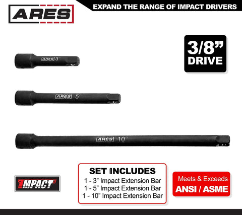 Three Inch, Five Inch, and Ten Inch Impact Extension Bar Set for Impact Drivers with laser-etched socket extensions.