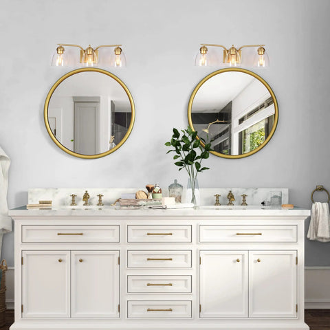 Modern bathroom with Gold Vanity Light Fixture Set With Clear Glass Shades, Modern 3 Light Over Mirror Bath Lighting, 22 Inch Long.
