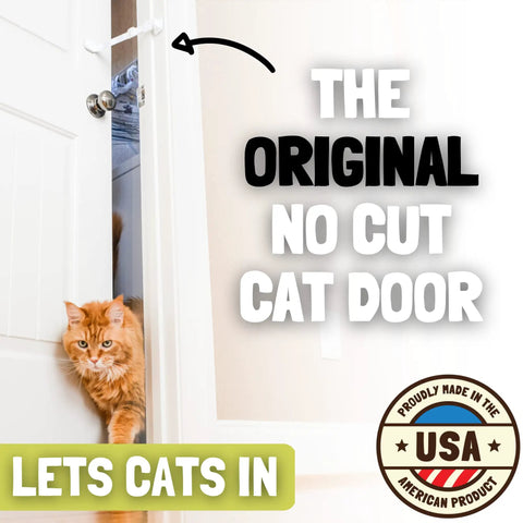 Adjustable Cat Door Latch For Interior Doors Grey Straight Up Dog Proof Heavy Duty Pet Safety Strap with cat using it