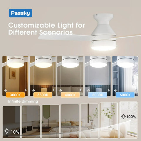 Low Profile 42 Inch Ceiling Fan With Lights Remote Control And Pull Chain Flush Mount Reversible Blades Dimmable LED Five Color Temperature