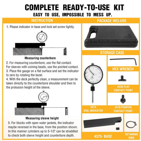 Pro Grade Diesel Engine Sleeve Height And Counter Bore Gauge With 0 To 1 Inch Range, 0.001 Inch Graduation Kit Components
